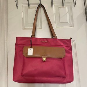 Hot Pink Calvin Klein Nylon Satchel with tan leather trim and straps